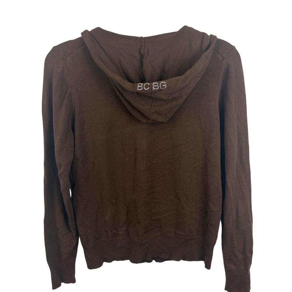 Y2K BCBGMAXAZRIA Brown Knit Full Zip Hoodie Rhinestone Logo Sweater Sz Medium